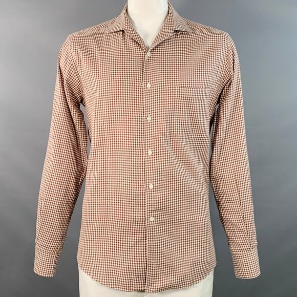 LORO PIANA Size L Brown White Gingham Cotton One Pocket Long Sleeve Shirt - Picture 1 of 10